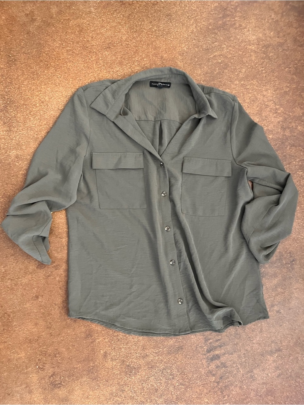 Fred David Olive Green Button-Front Blouse with Chest Pockets